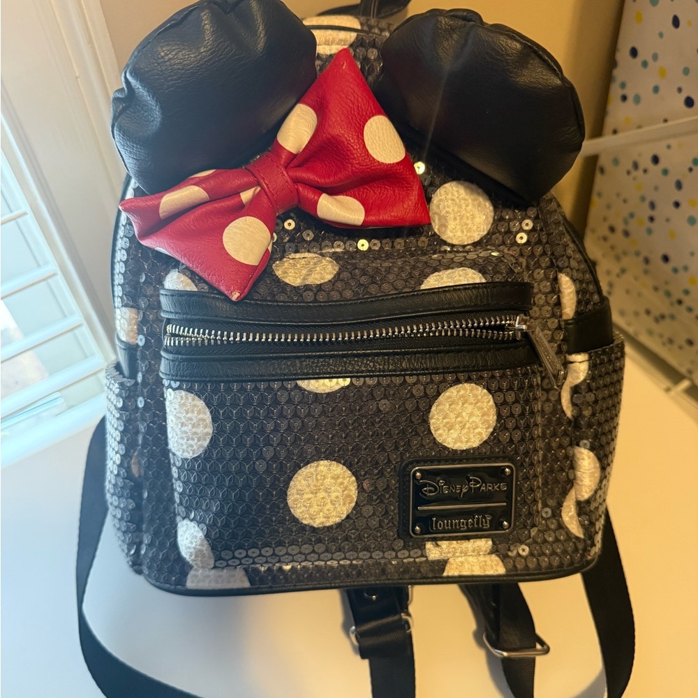 Loungefly Black and White Polka Dot Backpack with Red Bow